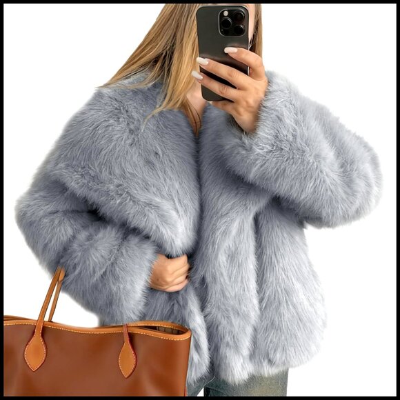 Faux Fur Coat Fluffy Winter Jacket Shaggy Parka Elegant Chic Open Front